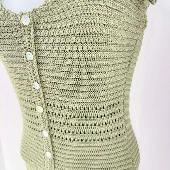 Sage Green Crochet Button Front Dress  Boho Coastal Summer Clean Girl SZ XS W167 - Picture 7 of 8
